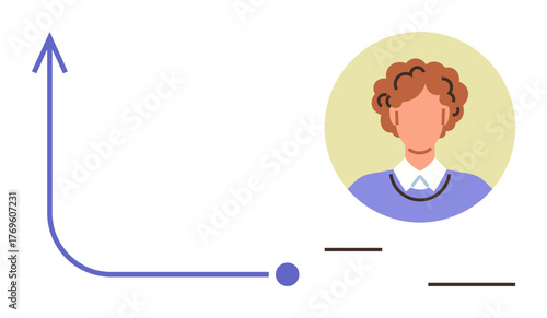 Upward arrow signifies growth, connected to a portrait of a person with curly hair in a blue sweater. Ideal for personal growth, progress tracking, career development, success, leadership