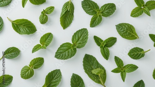 Green fresh mint leaves on a white background isolated. View from above.
