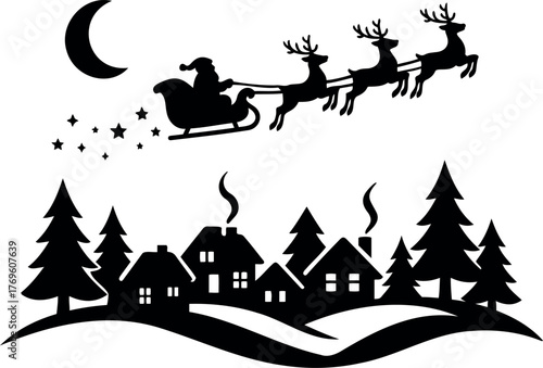 Vector silhouette of santa in sleigh with reindeer flying over a village under a crescent moon
