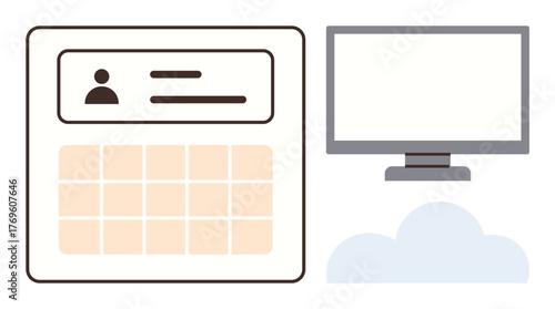 Digital interface with user profile and calendar beside a monitor above a cloud. Ideal for productivity, technology, teamwork, workflow, scheduling, cloud computing, minimal style. A simple flat