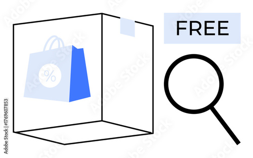Magnifying glass examining a shipping box with shopping bag and discount icon next to Free text. Ideal for e-commerce, free shipping, discounts, online shopping, delivery, marketing, customer