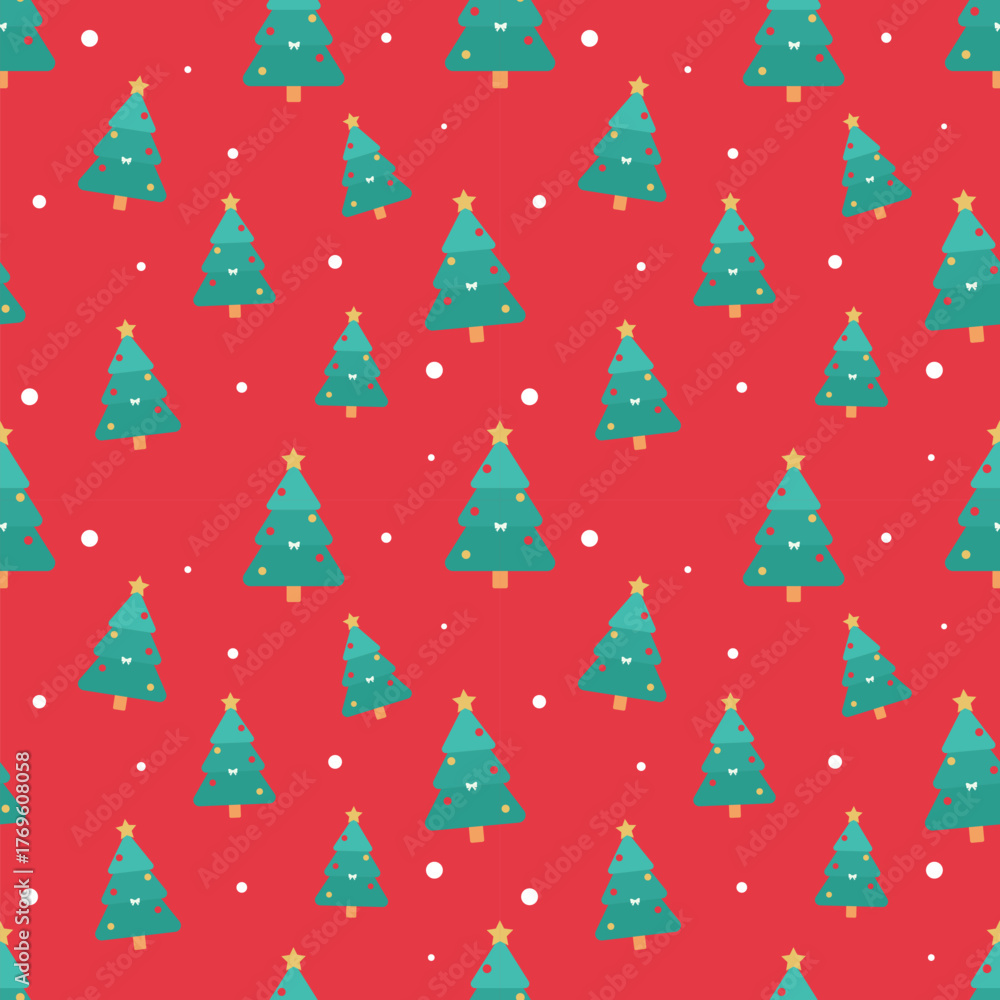 Obraz premium Cozy Christmas Seamless Pattern Vector: Simple Merry Pine Trees with Ornaments. Red Flat Design for Holiday Fabric, Wrapping Paper, and Festive Background.