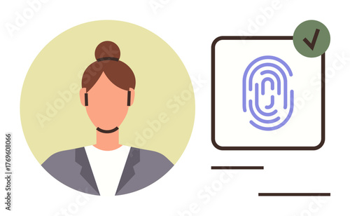 Professional woman portrait next to biometric fingerprint access tick mark. Ideal for security, privacy, authentication, technology, identification, online access, personal data. Simple flat metaphor