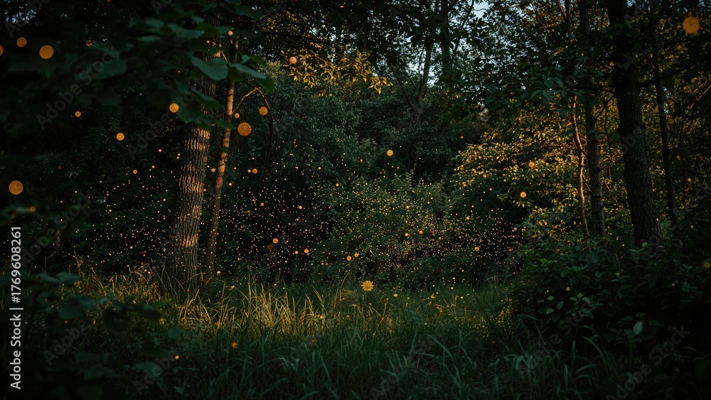 Obraz premium Fireflies flying in the forest at dusk.