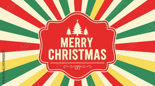 Retro merry christmas background with sunburst rays and vintage label, creating a nostalgic and festive atmosphere for holiday greetings and seasonal celebrations