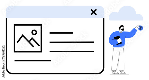 Browser window with image preview, text lines, and close button. Person holding device beside cloud icon. Ideal for technology, creativity, content creation, UI, collaboration cloud services simple