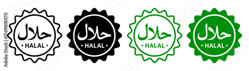 Halal icons and logos set with round seals representing food, drinks and products approved by Islamic certification. Modern vector illustration in black, white and green colors.