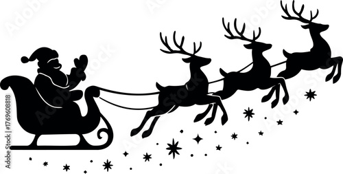 Vector silhouette of santa claus in a sleigh being pulled by three reindeer in black and white