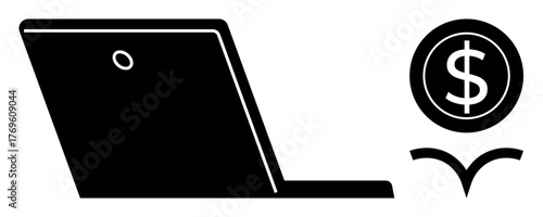 Open laptop with adjacent dollar sign above graphic, conveying technology and financial growth. Ideal for online business, e-commerce, freelancing, remote work, financial technology, digital tools