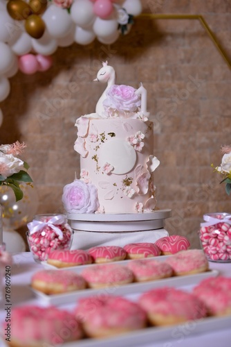 baby girl birthday cake, decorated table , sweet food theme