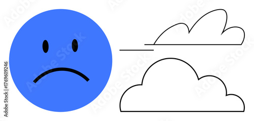 Blue sad face next to two outlined clouds, one solid and one linear. Ideal for mental health, mood, emotion, sadness, depression, weather symbolism. Simple flat metaphor