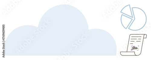 Large cloud with pie chart and signed document representing cloud storage, data analysis, and digital agreements. Ideal for technology, business, data, contracts, innovation, storage digital