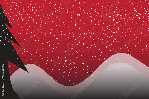 Winter Snowfall Landscape with Red Sky and Snowy Hills in the Foreground