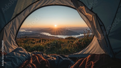 View from the tent on the mountains, meadow, herbs, flowers, early in the morning when the sun rises. Camping equipment including a sleeping bag and pillow. Tent. Background.