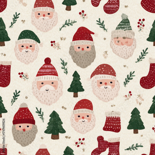 Cheerful Santa Pattern: Repeating Design with Cute Santa Faces and Hats.