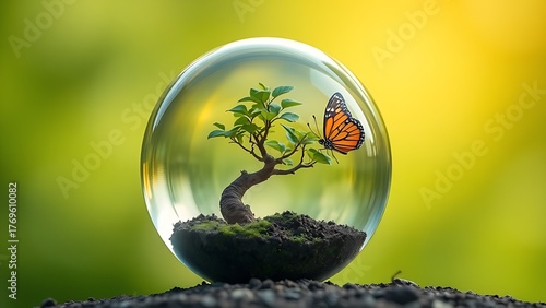 Glass globe containing a miniature tree with a butterfly, representing nature's fragility.