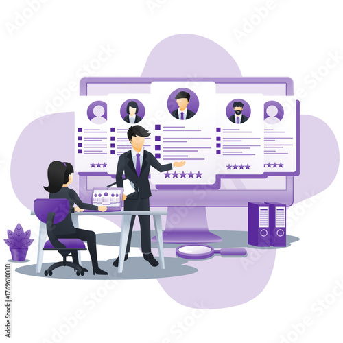 This image conveys a professional business setting as candidates are evaluated during interviews shown on a computer screen, reflecting the hiring process.