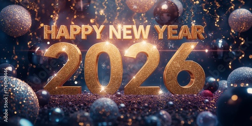 Happy New Year 2026: Glittering Golden Typography with Festive Ornaments, Gifts, and Red & Gold Celebration Decor