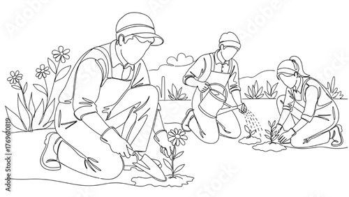 Gardeners Kneeling and Planting Flowers — High-Quality Black Continuous Line Art with Watering Can, Trowel, and Simple Garden Background