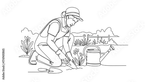 Gardener Line Art — Person Kneeling to Plant or Water Flowers with Trowel and Watering Can, Minimal Garden Vector Illustration