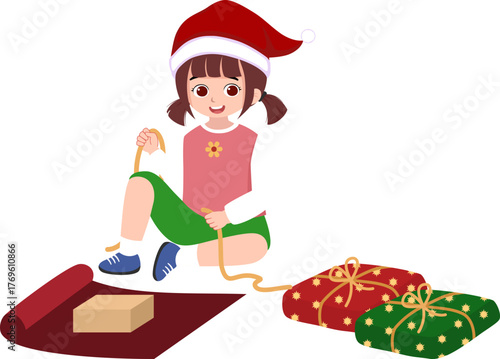 Cute girl wearing a Santa hat wrapping Christmas presents with colorful paper and ribbon. Perfect vector illustration for holiday preparation themes, cards, or seasonal design projects.
