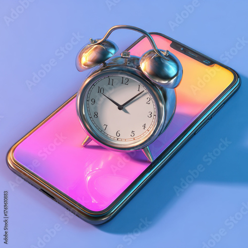 Mobile Phone and Clock: Smartphone Lying Next to a Small Alarm Clock.