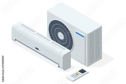 Isometric vector of air conditioners condensing unit, Chiller, VRF units, air conditioners for commercial or factory, Maintenance, HVAC service, and cooling system repair.