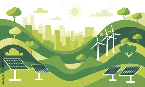 Sustainable city powered by wind and solar energy for a greener future with clean renewable resources, vector art