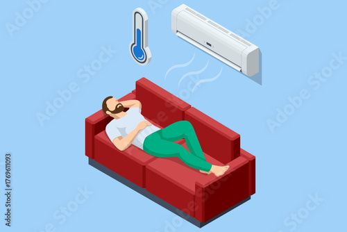 Isometric woman lying on sofa with remote control using air conditioner. Concept of comfort, cooling, and home climate system. Maintenance, HVAC service, and cooling system repair.