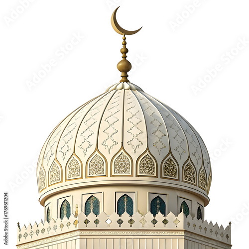 Mosque dome with crescent in sticker style, symbolizing Islamic faith, tradition, and worship, isolated