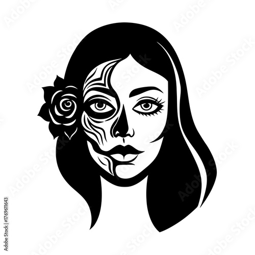 catrina face blended with a blooming rose half vector art