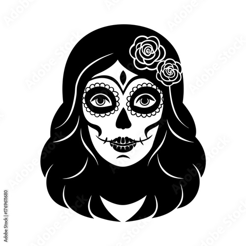 catrina s skull face covered in floral tattoos vector art