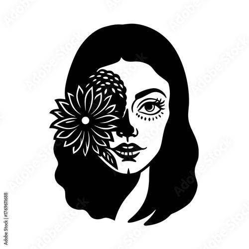 catrina woman with one eye as a blooming marigold vector art illustration