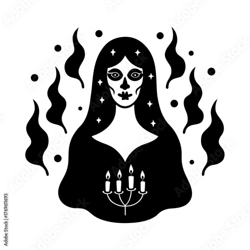 catrina woman surrounded by floating candles vector art