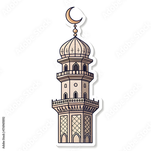 Mosque minaret with crescent on top in sticker style, symbolizing Islamic architecture, faith, and spirituality