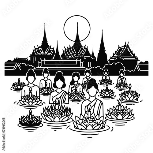 People releasing floating lanterns in a river with Thai temples in the background water
