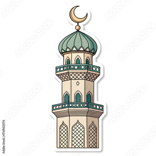 Mosque minaret with crescent on top in sticker style, symbolizing Islamic architecture, faith, and spirituality