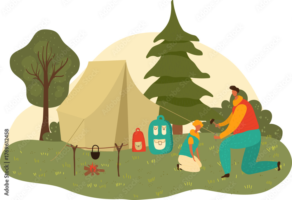 Naklejka premium An engaging outdoor scene of a parent and child camping, complete with a tent, backpack, and a campfire, emphasizing the beauty of nature and family bonding.