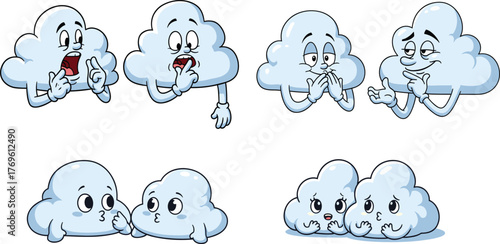Set of Funny Cartoon Cloud Characters with Emotions, Expressive Weather Mascot and Cute Relationship Vector Illustrations.
