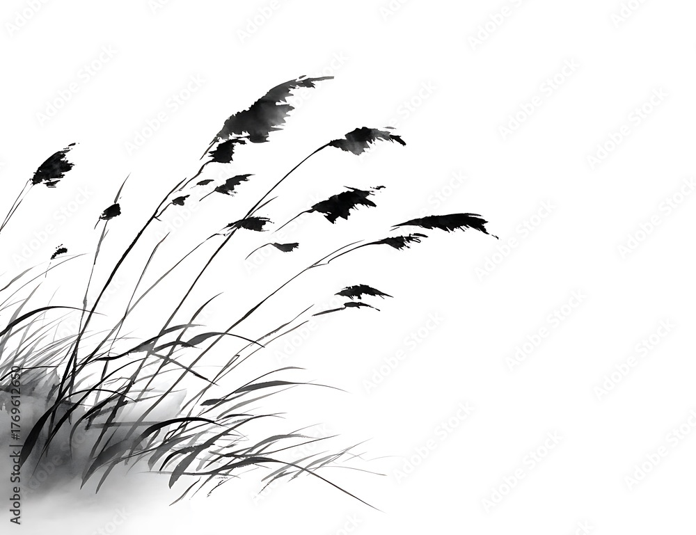 Fototapeta premium Elegant Black Ink Grass Illustration on White Background in Minimalist Style