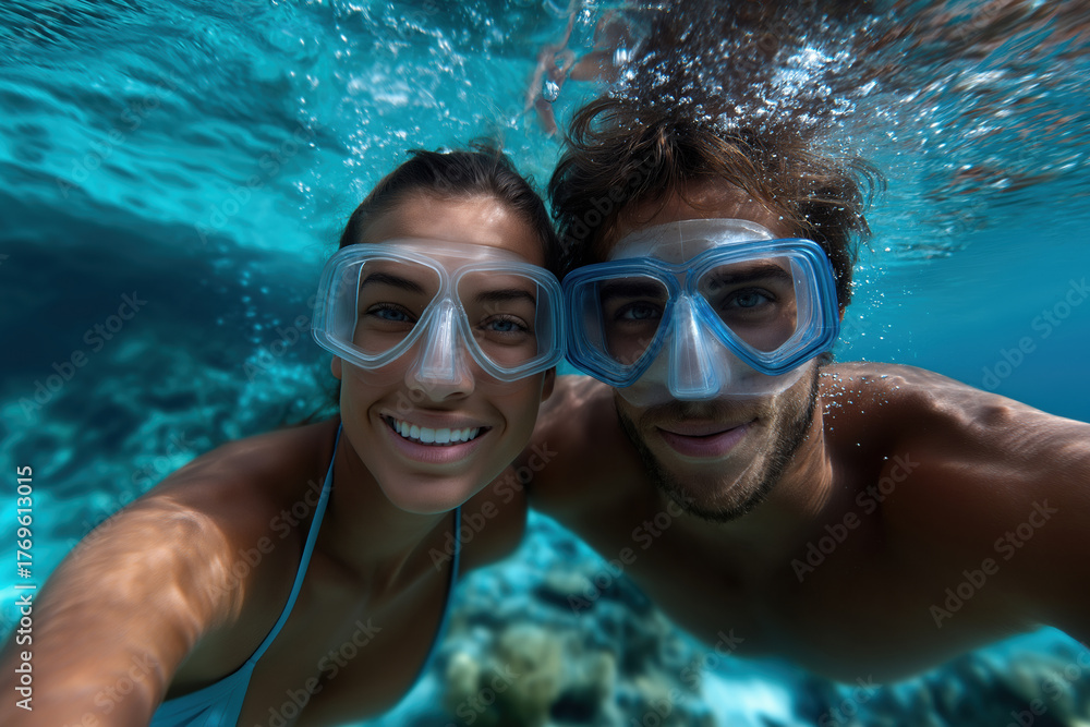 Fototapeta premium Couple enjoys snorkeling in clear tropical waters