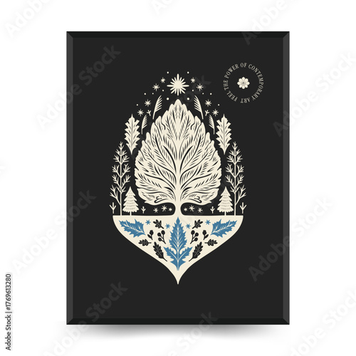 Merry Christmas and Happy New Year linocut poster template. Modern trendy Matisse minimal style. Hand drawn design for wallpaper, wall decor, print, postcard, cover, template, banner.