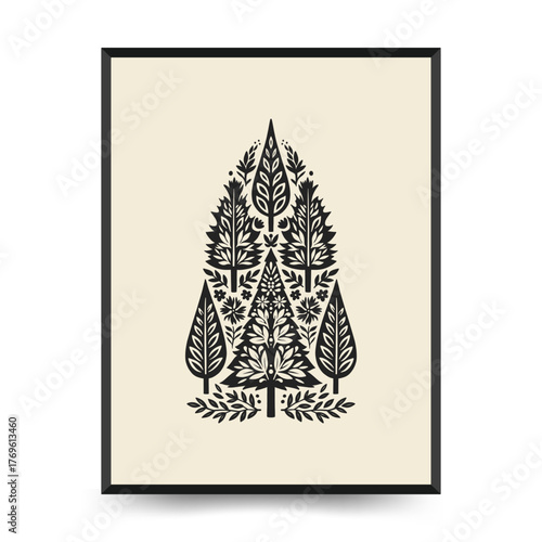 Merry Christmas and Happy New Year linocut poster template. Modern trendy Matisse minimal style. Hand drawn design for wallpaper, wall decor, print, postcard, cover, template, banner.