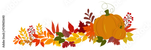 Autumn leaves and pumpkin. Different forms and colors. Leaves falling. Autumn composition. Vector illustration