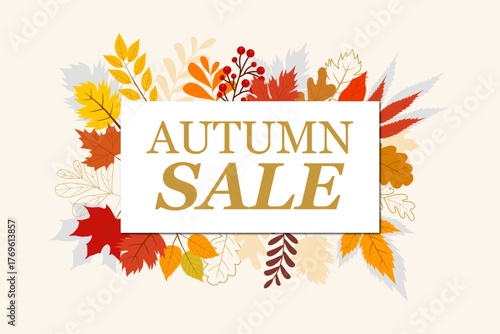 Autumn leaves. Autumn sale. Different forms and colors. Leaves falling. Autumn composition. Vector illustration