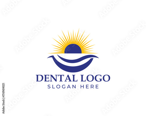 This dental logo features a sun and waves design, symbolizing a bright and healthy smile it conveys a sense of warmth, positivity, and a connection to nature isolated on white background