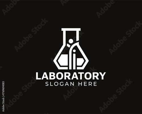 Laboratory logo design with a modern and minimalist style, perfect for businesses in the fields of science, medicine, technology, or research isolated on black background
