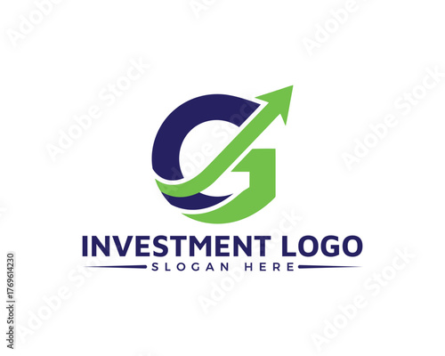 Investment logo design featuring the letter g with an arrow pointing upwards, symbolizing growth and success isolated on white background a modern and professional logo concept