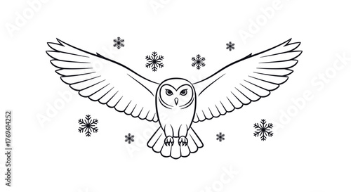 Snow owl with spread wings surrounded by snowflakes, symbolizing winter and freedom. Line art vector illustration, isolated on a transparent background. Outline design