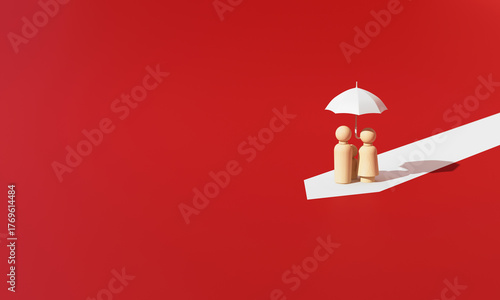 Fotografía Wooden human family figures under an umbrella on a white path over red background, representing family care and life insurance protection